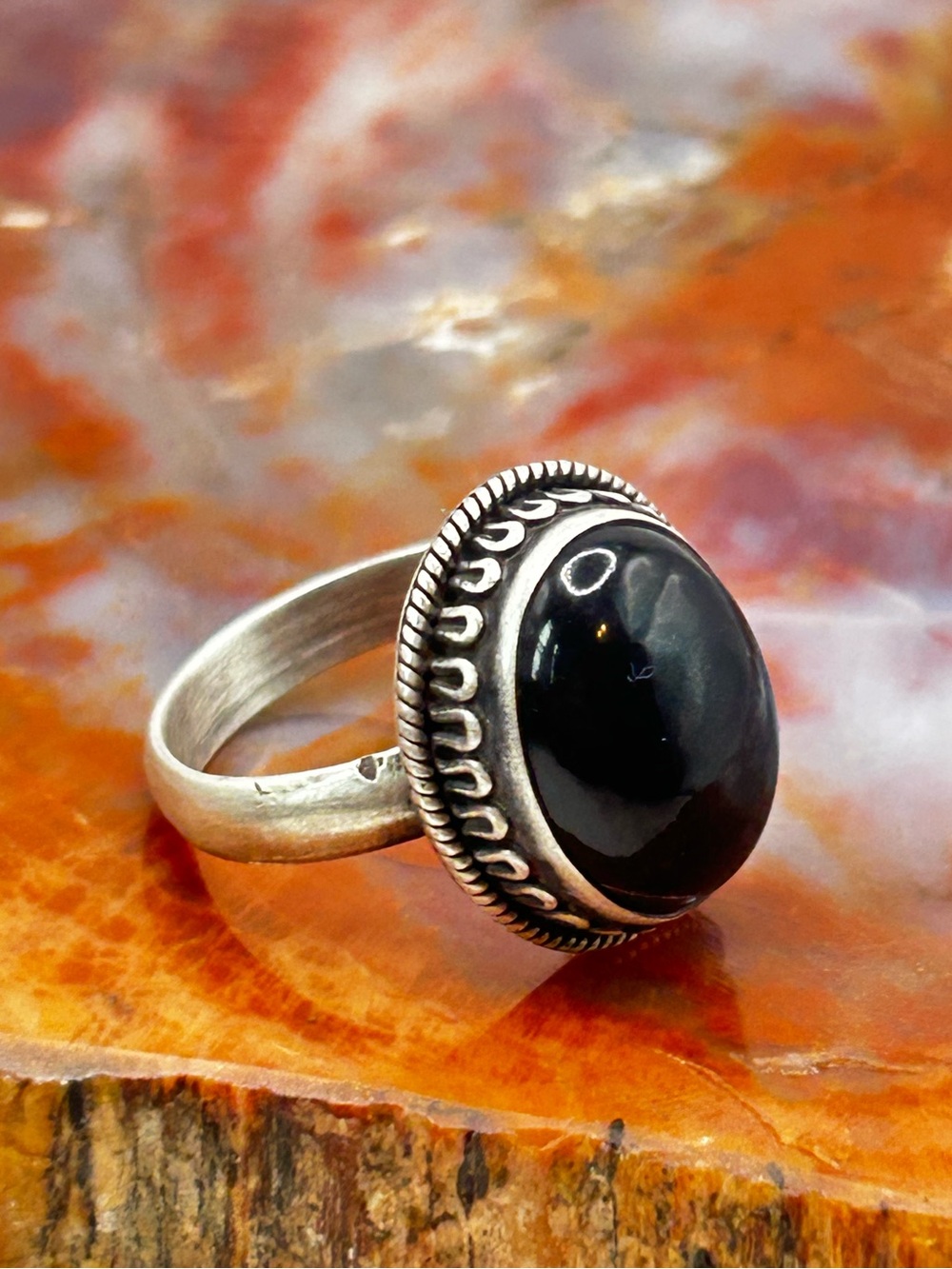 Vintage Sterling Silver Onyx Ring - Size 8